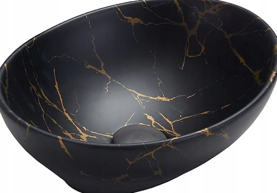 Silla Global Vasque à poser ovale, céramique 40,5x33x14 cm Marbre noir/doré* Lavabo