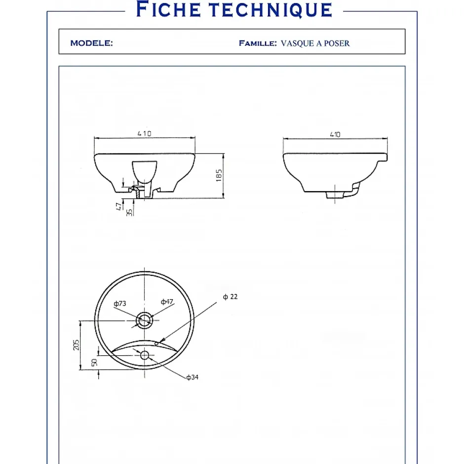 Planète Bain Vasque à poser porcelaine blanche 41cm- Rebords fins