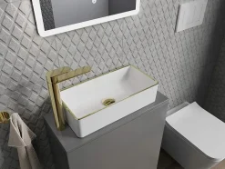 Silla Global Vasque à poser rectangulaire, céramique 46,5x23,5x12 cm Blanc/or* Lavabo