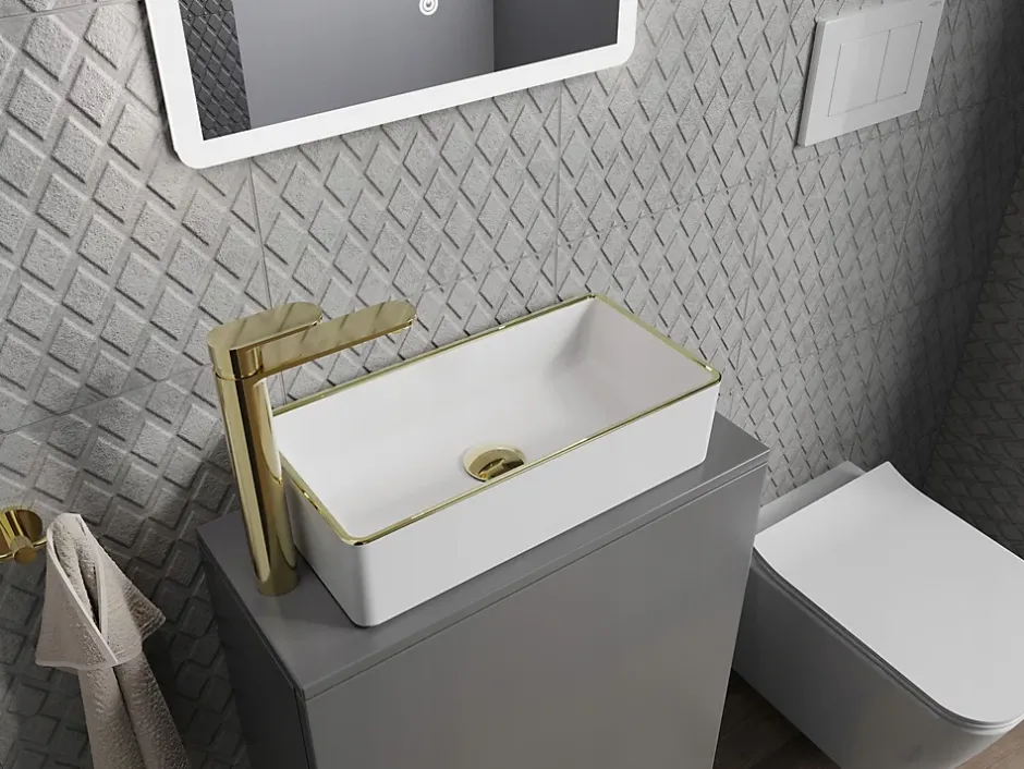 Silla Global Vasque à poser rectangulaire, céramique 46,5x23,5x12 cm Blanc/or* Lavabo