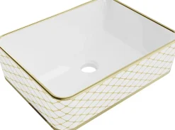 Silla Global Vasque à poser rectangulaire, céramique 48x37x13 cm Blanc/or* Lavabo