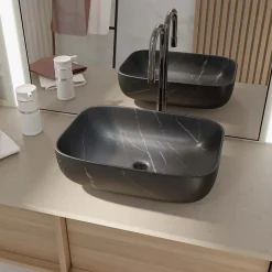 Aurlane Vasque à poser rectangulaire en céramique noire mat effet marbre 46x32x13.5 cm - BLACK MARBLE* Vasque À Poser