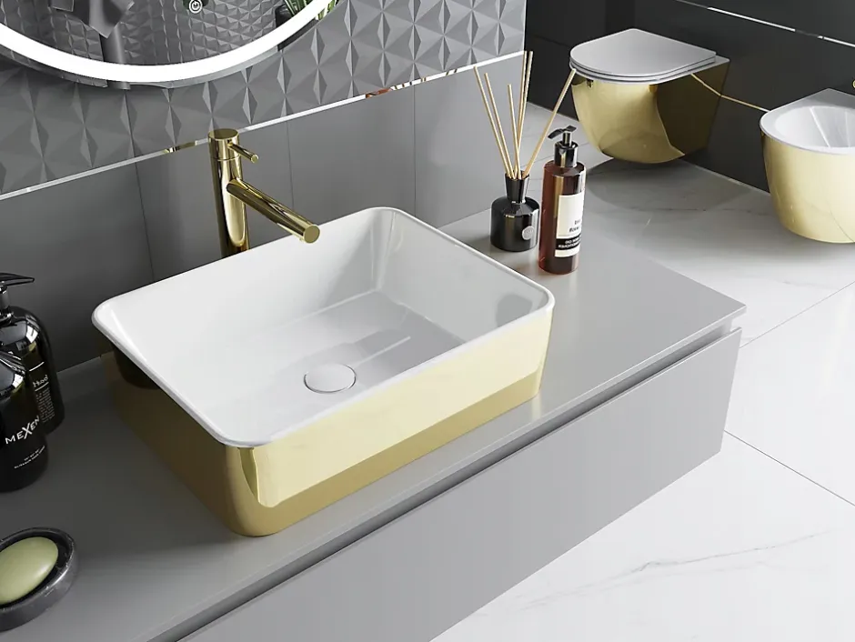 Silla Global Vasque à poser rectangulaire, céramique 48x37x13 cm Blanc/or* Lavabo