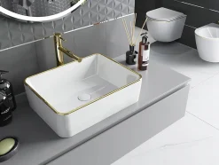 Silla Global Vasque à poser rectangulaire, céramique 48x37x13 cm Blanc/or