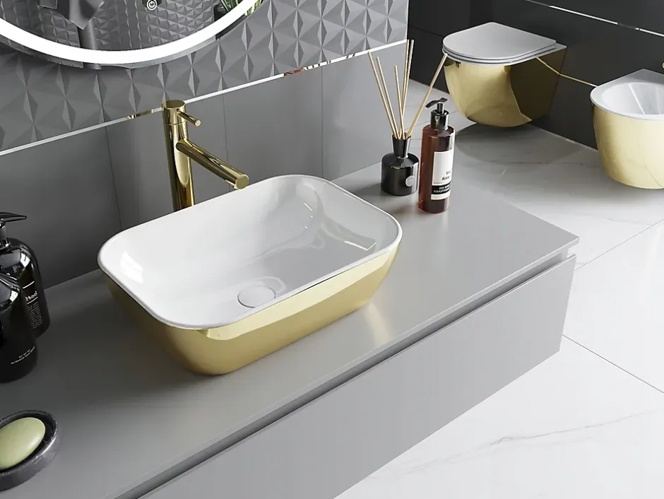 Silla Global Vasque à poser rectangulaire, céramique 45,5x32,5x13,5 cm Blanc/or* Lavabo