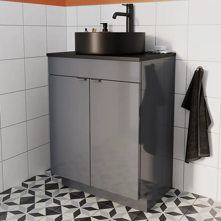 GoodHome Vasque à poser ronde céramique noir mat Samal