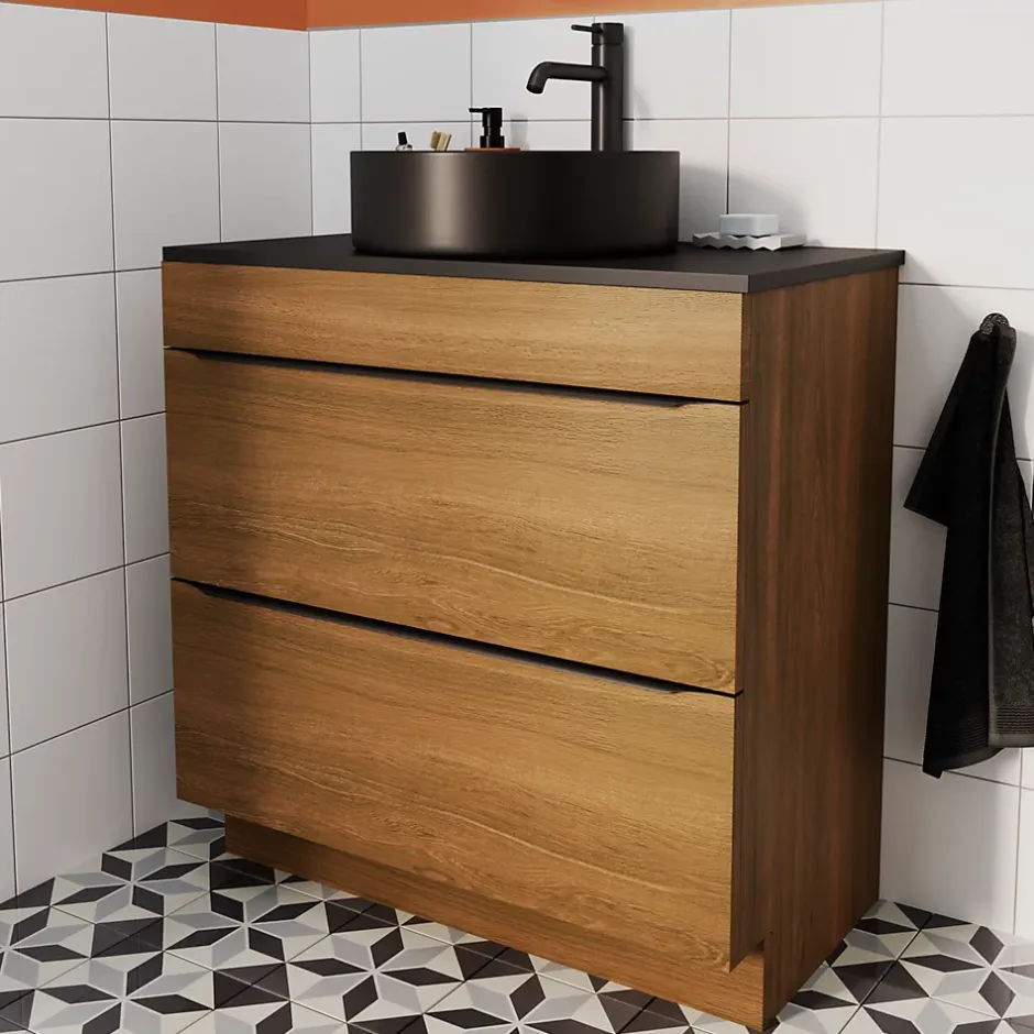 GoodHome Vasque à poser ronde céramique noir mat Samal