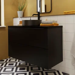 GoodHome Vasque à poser ronde céramique noir mat Samal