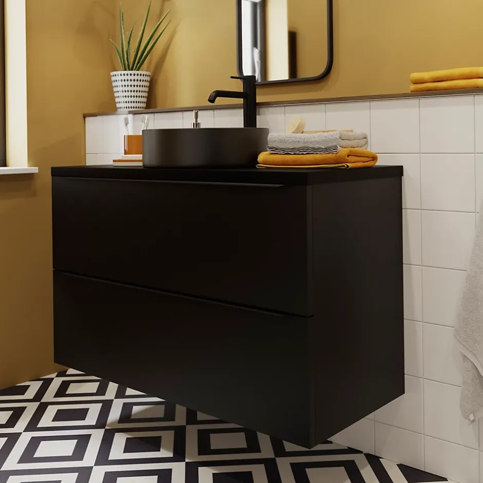 GoodHome Vasque à poser ronde céramique noir mat Samal