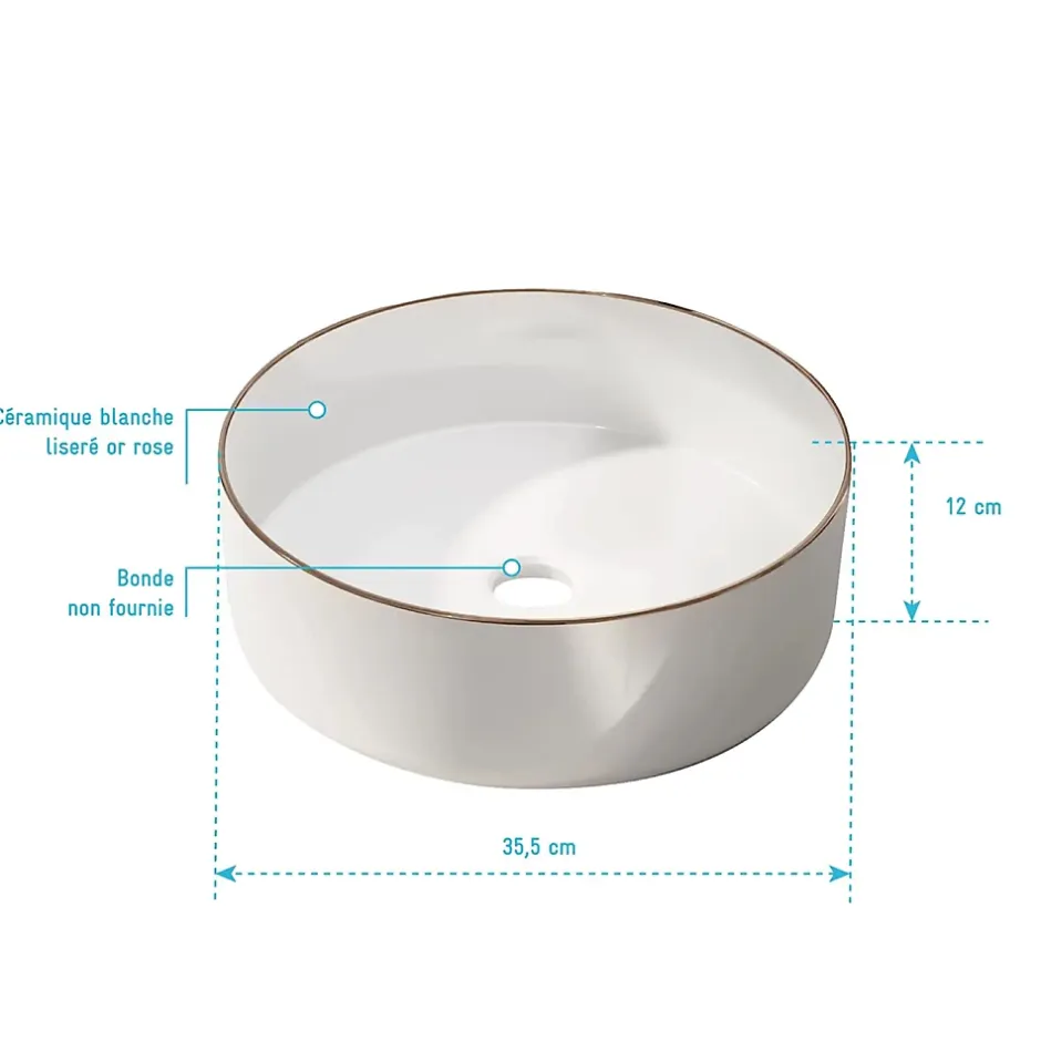 Galedo Vasque à poser ronde en céramique blanche avec liseré doré rosé Ø35,5 x H.12 cm,* Vasque À Poser