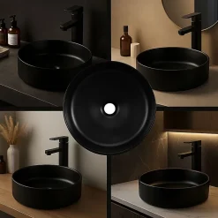 Dileci Vasque à poser ronde en céramique noir -* Lavabo