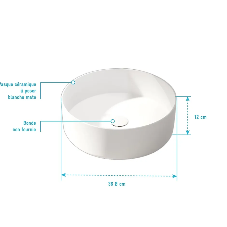 Galedo Vasque à poser ronde en céramique blanc mat Ø36 x H.12 cm,
