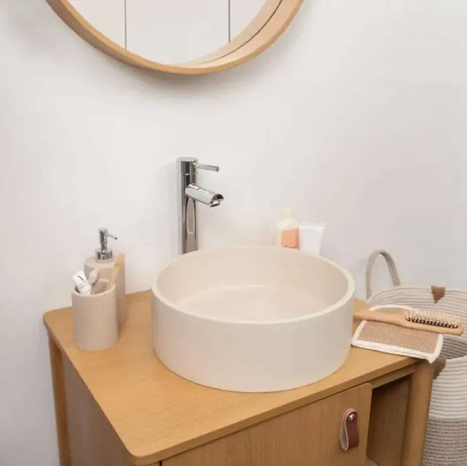 Homesight Vasque à poser ronde grès beige Ø36 x H.12 cm Swan