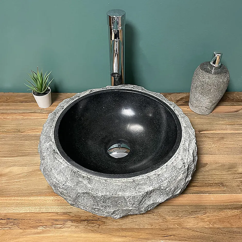 Byca Vasque à poser ronde PITA - 40 cm noir en basalte* Vasque À Poser