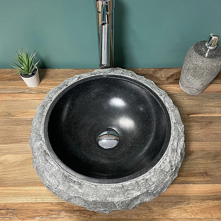 Byca Vasque à poser ronde PITA - 40 cm noir en basalte* Vasque À Poser