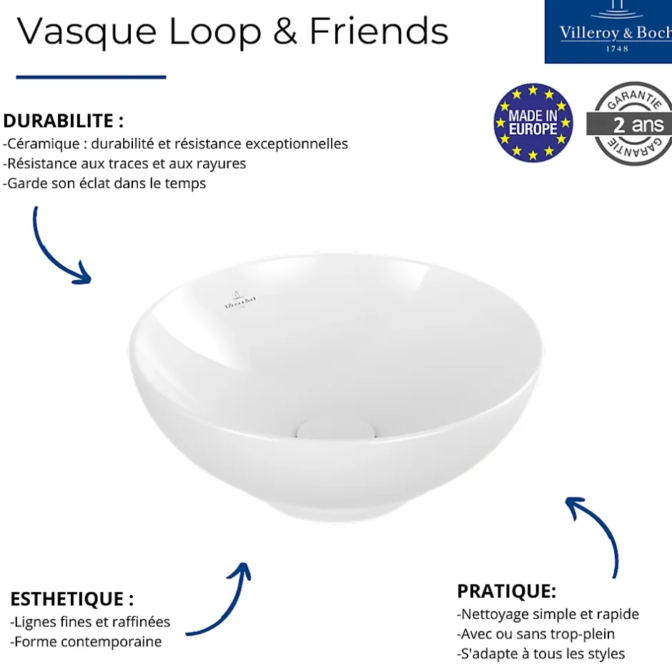 Villeroy & Boch Vasque 38 x 38 ronde à poser VILLEROY ET BOCH Loop & Friends non meulé blanche sans trop plein