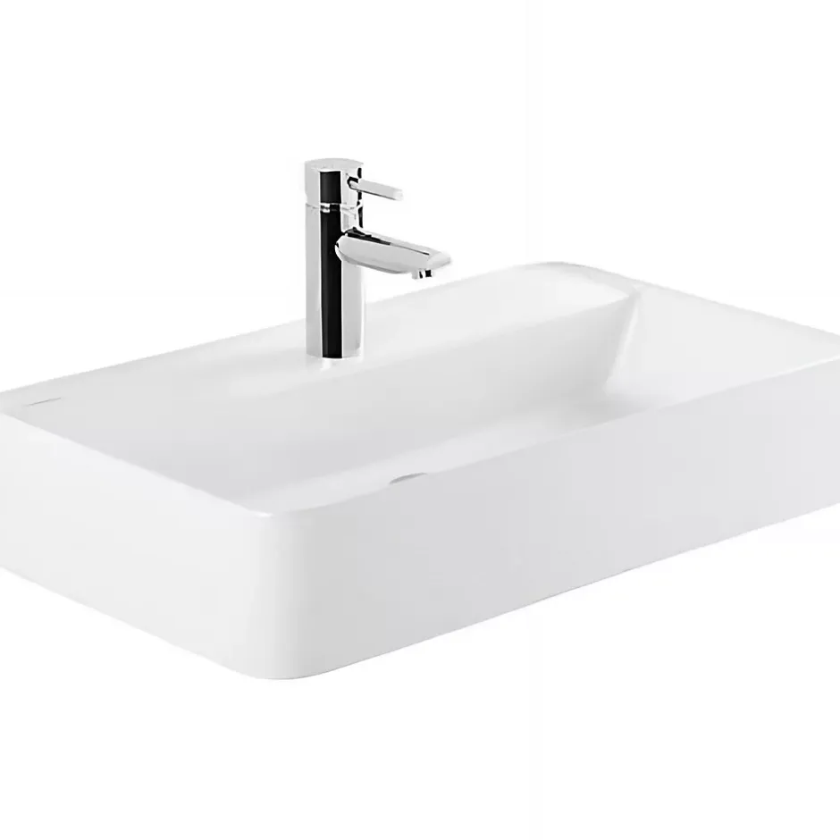 Sanindusa Vasque céramique traditionnelle rectangulaire a poser sur plan 60x35 avec trou pour robinetterie Sanlife blanc