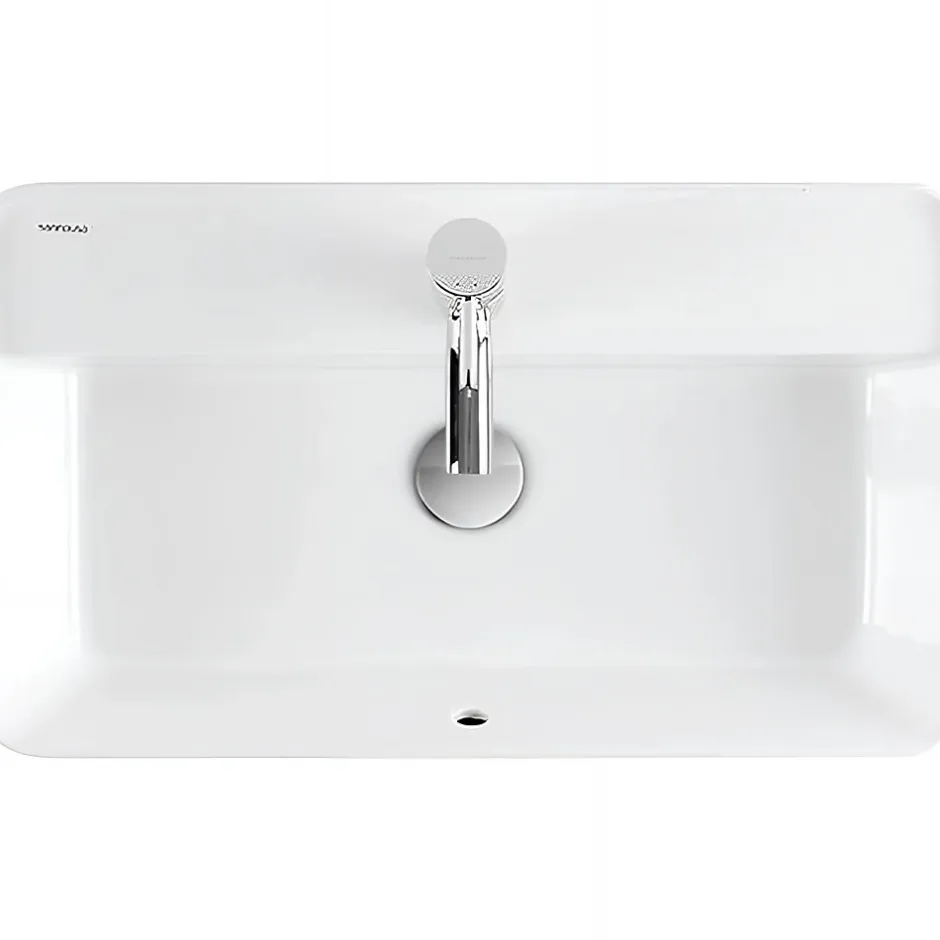 Sanindusa Vasque céramique traditionnelle rectangulaire a poser sur plan 60x35 avec trou pour robinetterie Sanlife blanc