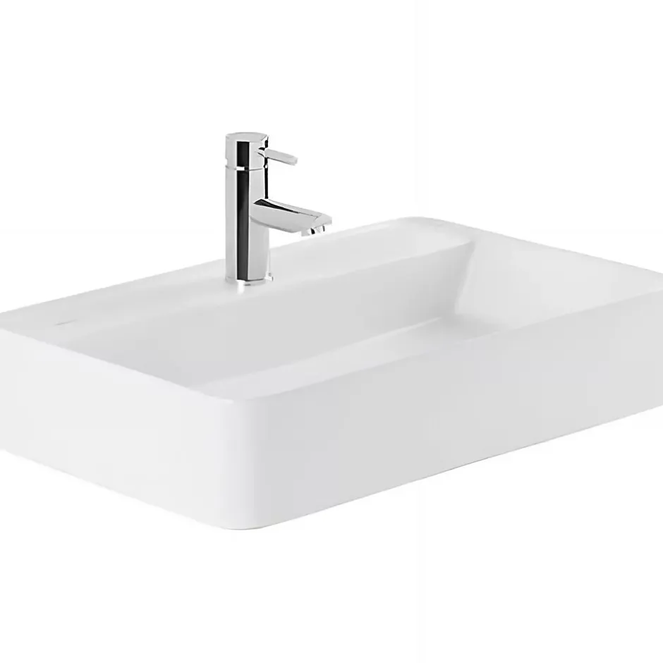 Sanindusa Vasque céramique traditionnelle rectangulaire a poser sur plan 60x35 avec trou pour robinetterie Sanlife blanc