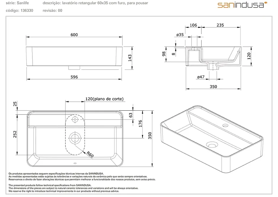 Sanindusa Vasque céramique traditionnelle rectangulaire a poser sur plan 60x35 avec trou pour robinetterie Sanlife blanc