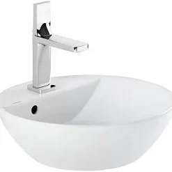 Sanindusa Vasque céramique traditionnelle ronde a poser sur plan D38 avec trou pour robinetterie Sanlife blanc