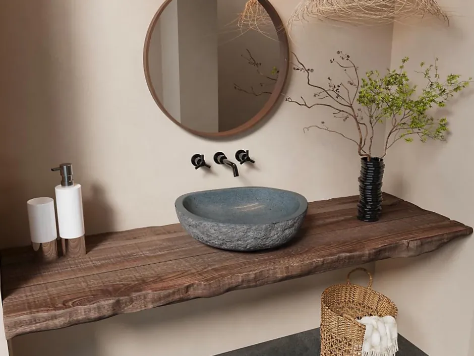 Vente-unique Vasque de salle de bain en pierre de rivière WATU - Couleur grise* Vasque À Poser