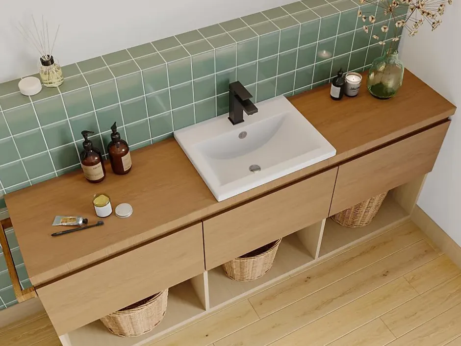 Vente-unique Vasque de salle de bain semi-encastrée rectangle en céramique - L51,5 cm - Blanc - YASMAC II