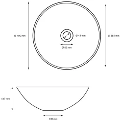 ECD Germany Vasque en céramique blanc ronde avec bonde de vidage salle de bain 400x147mm