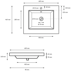 ECD Germany Vasque en céramique blanc avec bonde de vidage pour salle de bain 605x465x160 mm* Vasque À Encastrer