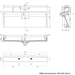 Bernstein Vasque moderne suspendue 100x46x15cm en marbre coulé avec trous prépercés - BS6001