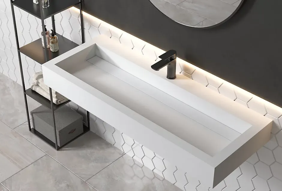 Bernstein Vasque moderne 120x46x13cm en fonte minérale, Lave main à poser - Blanc mat - PB2079