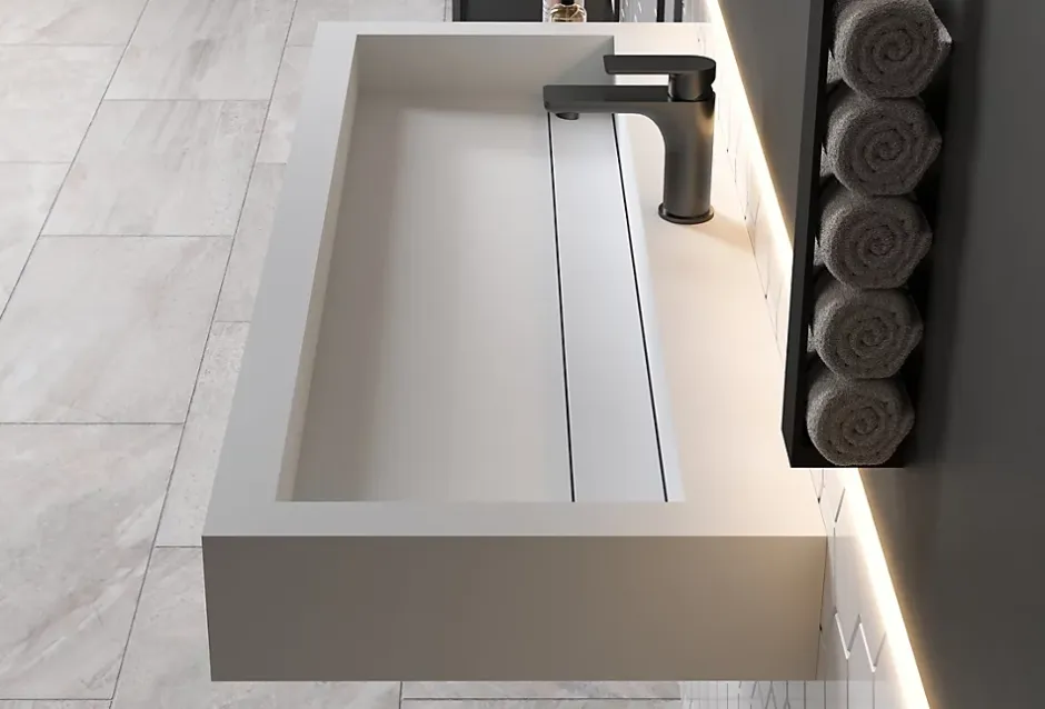 Bernstein Vasque moderne 120x46x13cm en fonte minérale, Lave main à poser - Blanc mat - PB2079
