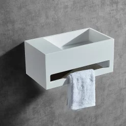Bernstein Vasque murale design, Lave main fonte minérale Salle de bain, Blanc mat, 35,5x20x16cm, BA2105 + cache blanc + rangement à gauche