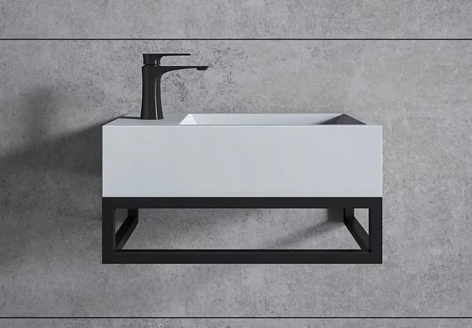 Bernstein Vasque murale suspendue design 44x22x10cm en fonte minérale - Blanc mat, Avec bonde et cache blanc, Rangement gauche, Avec Console* Lavabo