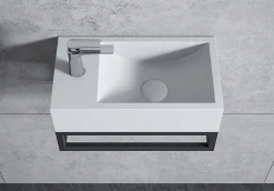 Bernstein Vasque murale suspendue design 44x22x10cm en fonte minérale - Blanc mat, Avec bonde et cache blanc, Rangement gauche, Avec Console* Lavabo
