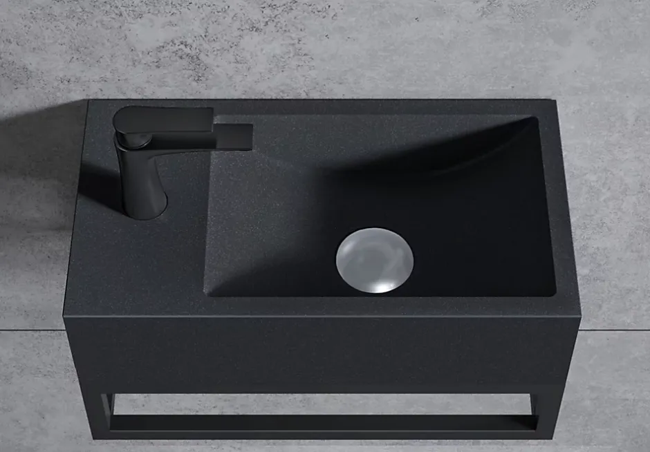 Bernstein Vasque murale suspendue design 44x22x10cm en fonte minérale - Sans bonde ni cache, Rangement gauche, Quartz noir, Avec Console