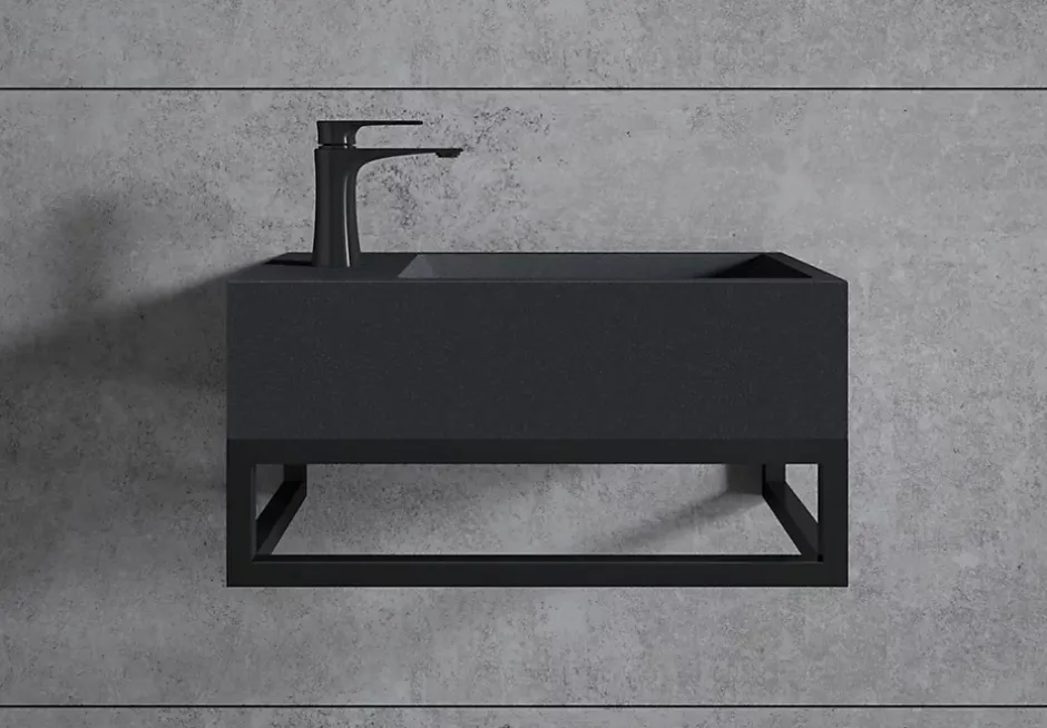 Bernstein Vasque murale suspendue design 44x22x10cm en fonte minérale - Sans bonde ni cache, Rangement gauche, Quartz noir, Avec Console