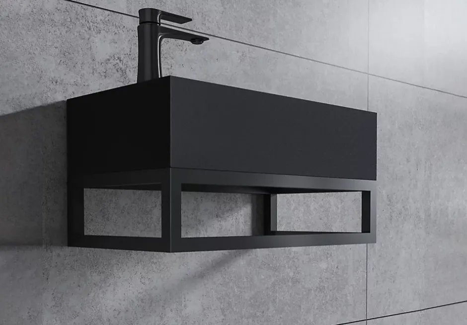 Bernstein Vasque murale suspendue design 44x22x10cm en fonte minérale - Sans bonde ni cache, Rangement gauche, Quartz noir, Avec Console