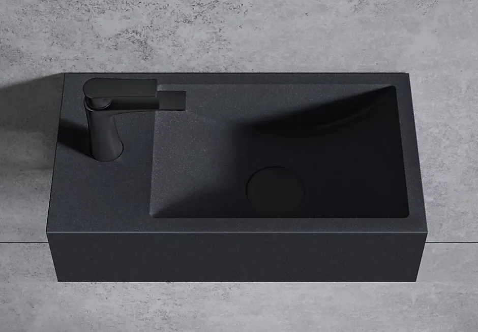 Bernstein Vasque murale suspendue design 44x22x10cm en fonte minérale - Avec bonde et cache, Rangement gauche, Sans console, Quartz noir* Lavabo