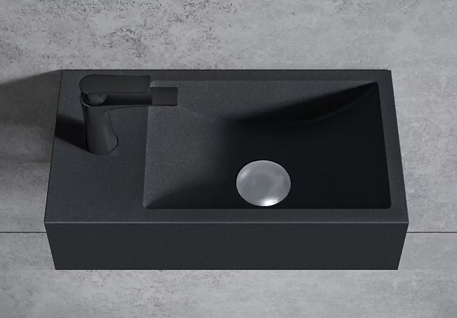 Bernstein Vasque murale suspendue design 44x22x10cm en fonte minérale - Sans bonde, Sans cache, Rangement gauche, Sans console, Quartz noir