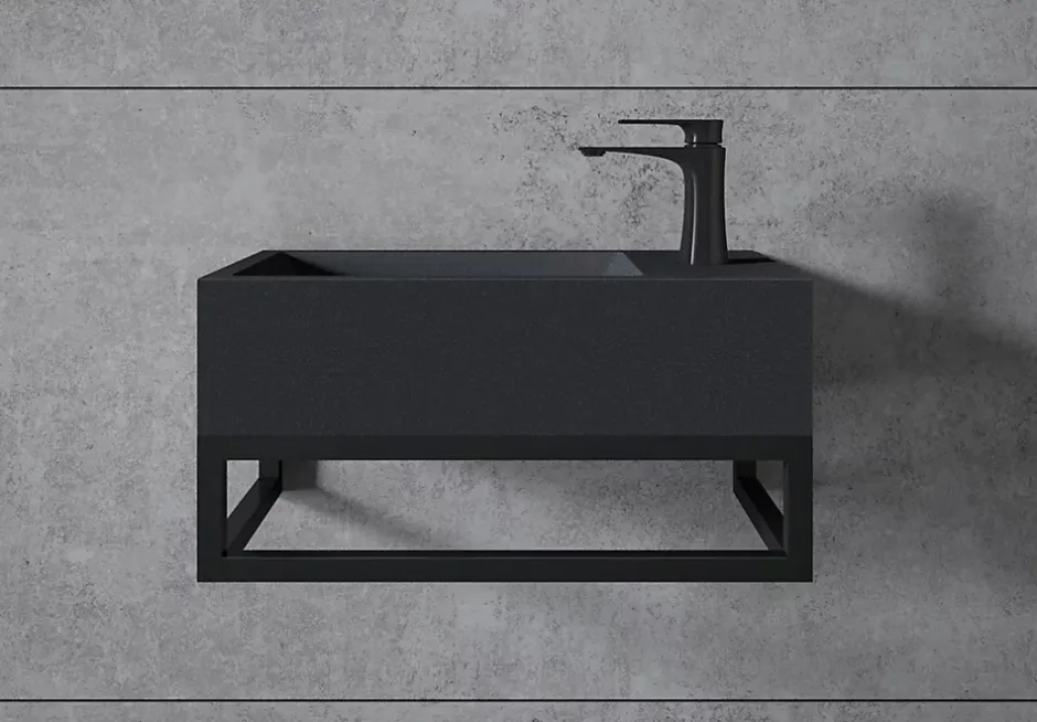 Bernstein Vasque murale suspendue design 44x22x10cm en fonte minérale - Avec bonde, Sans cache, Rangement droite, Quartz noir, Avec Console* Lavabo