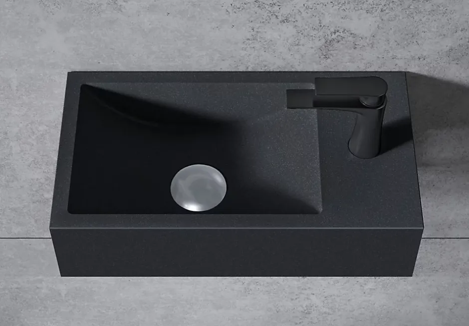 Bernstein Vasque murale suspendue design 44x22x10cm en fonte minérale - Sans bonde ni cache, Rangement droite, Sans console, Quartz noir* Lavabo