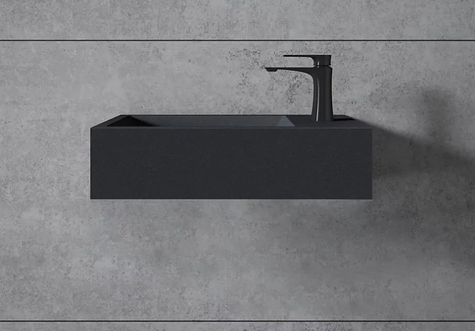 Bernstein Vasque murale suspendue design 44x22x10cm en fonte minérale - Sans bonde ni cache, Rangement droite, Sans console, Quartz noir* Lavabo