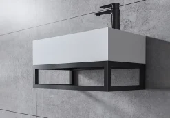 Bernstein Vasque murale suspendue design 44x22x10cm en fonte minérale - Blanc mat, Sans bonde ni cache, Rangement droite, Avec Console