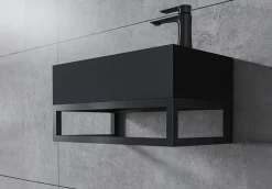 Bernstein Vasque murale suspendue design 44x22x10cm en fonte minérale - Avec bonde et cache, Rangement droite, Quartz noir, Avec Console