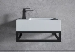 Bernstein Vasque murale suspendue design 44x22x10cm en fonte minérale - Blanc mat, Sans bonde ni cache, Rangement gauche, Avec Console