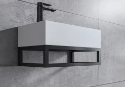 Bernstein Vasque murale suspendue design 44x22x10cm en fonte minérale - Blanc mat, Sans bonde ni cache, Rangement gauche, Avec Console