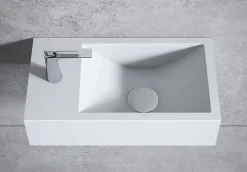 Bernstein Vasque murale suspendue design 44x22x10cm en fonte minérale - Blanc mat, Avec bonde et cache blanc, Rangement gauche, Sans console* Lavabo