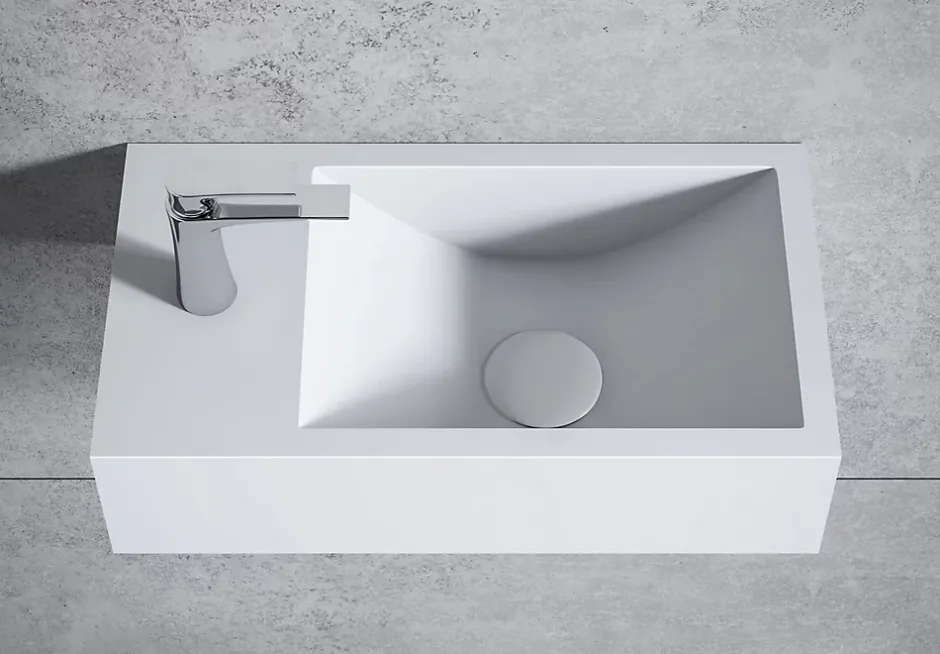 Bernstein Vasque murale suspendue design 44x22x10cm en fonte minérale - Blanc mat, Avec bonde et cache blanc, Rangement gauche, Sans console* Lavabo