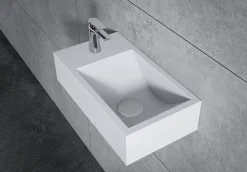 Bernstein Vasque murale suspendue design 44x22x10cm en fonte minérale - Blanc mat, Avec bonde et cache blanc, Rangement gauche, Sans console* Lavabo